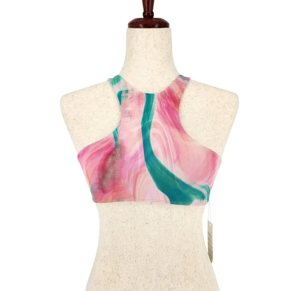 Frankies Bikinis Women Pink Abstract Alexis Halter Swim Bikini Top Size XS